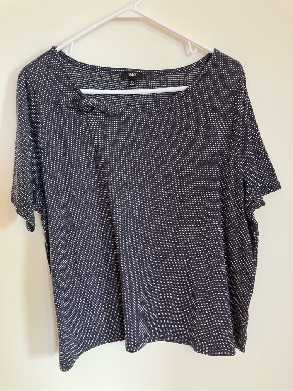 Talbots Navy and White Dot Short Sleeve Tee with Shoulder Knot